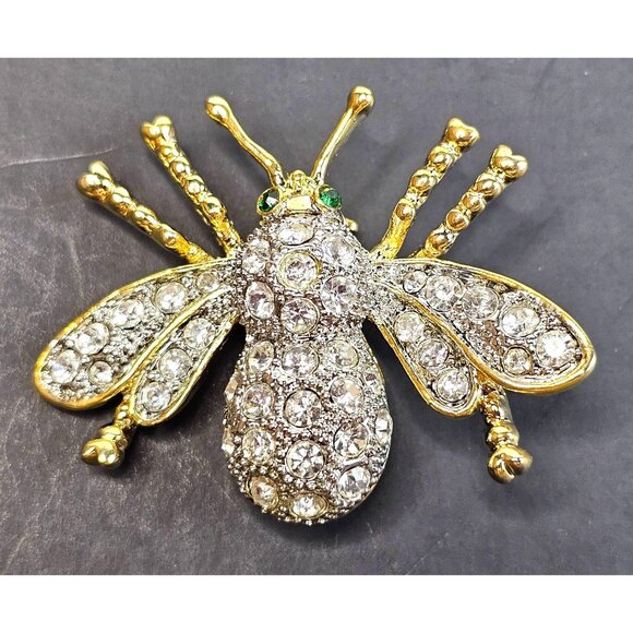 Vintage Rhinestone & Gold-Tone Bee Insect Brooch With Green Eyes - Picture 2 of 7